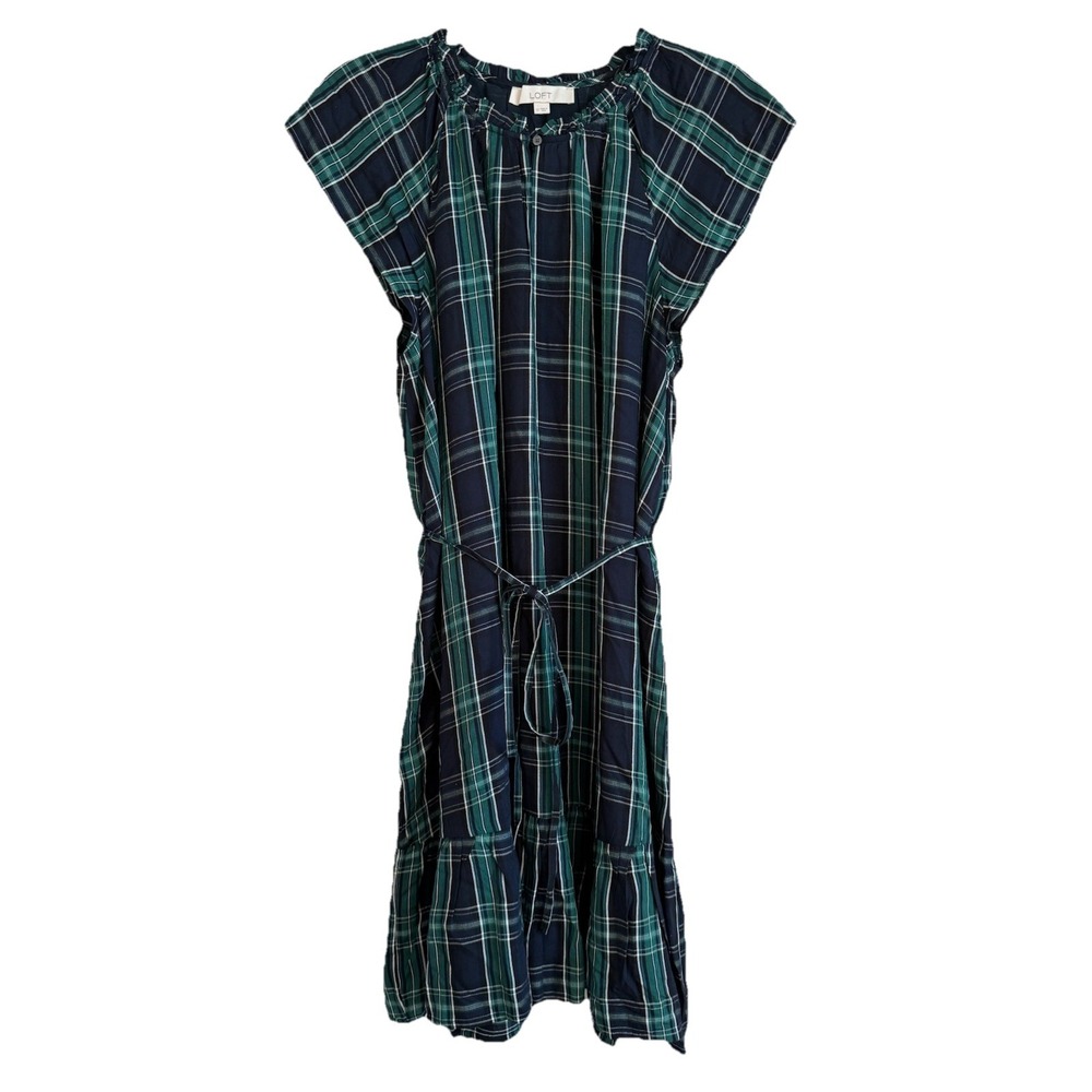 Loft Dress Women's 12 Blue Green Plaid‎ Shift Belted Short Sleeve Pleated Lined